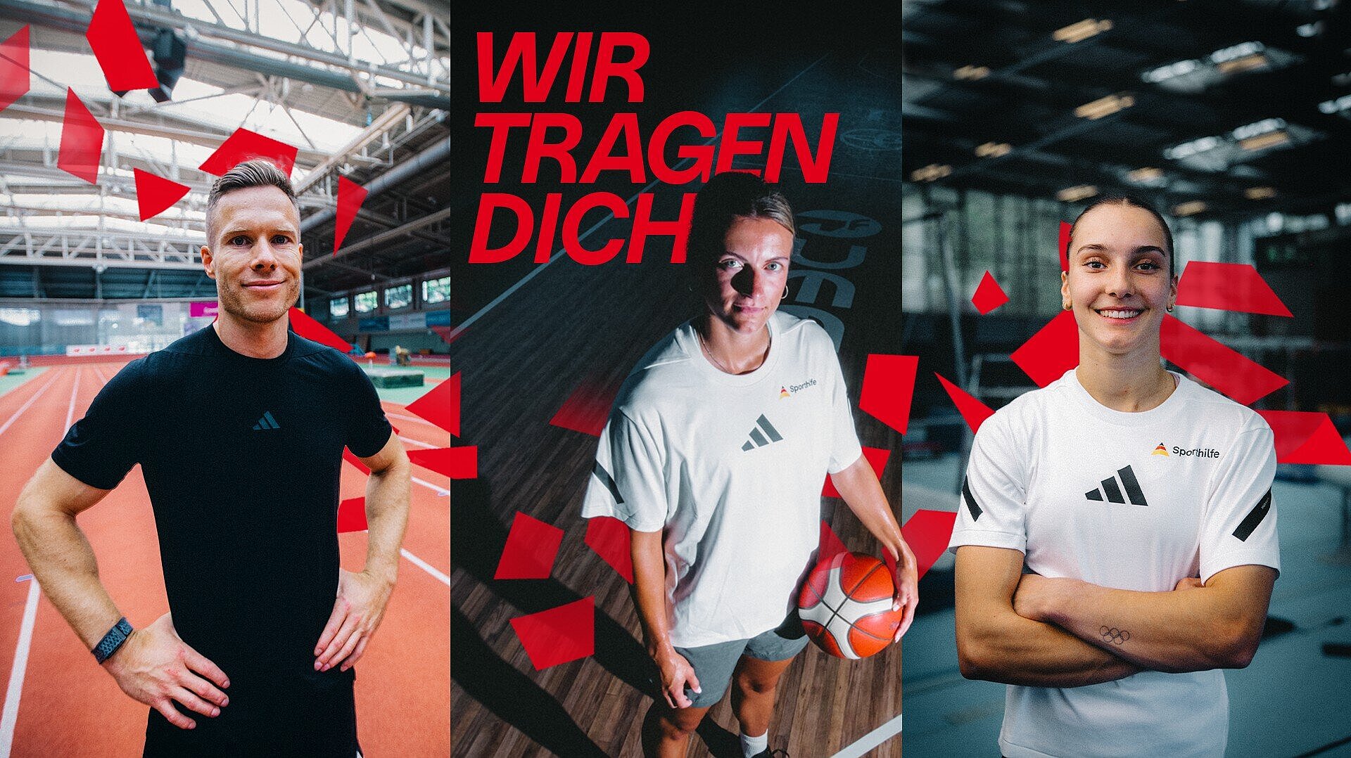 Die Grafik zeigt drei Porträtaufnahmen von Personen in unterschiedlichen sportlichen Umgebungen. Zu sehen sind eine Person auf einer Laufbahn in einer Leichtathletikhalle, eine Person mit einem Basketball in einer Sporthalle sowie eine weitere Person in Sportkleidung; der Schriftzug „WIR TRAGEN DICH“ und rote grafische Elemente verbinden die Motive visuell miteinander.