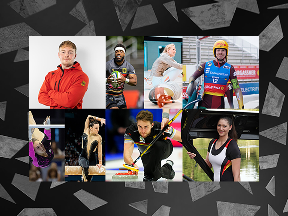 6 Portraitbilder der Kandidatinnen und Kandidaten der Wahl zum Sporthilfe Start-up des Jahres in ihrem sportlichen Umfeld